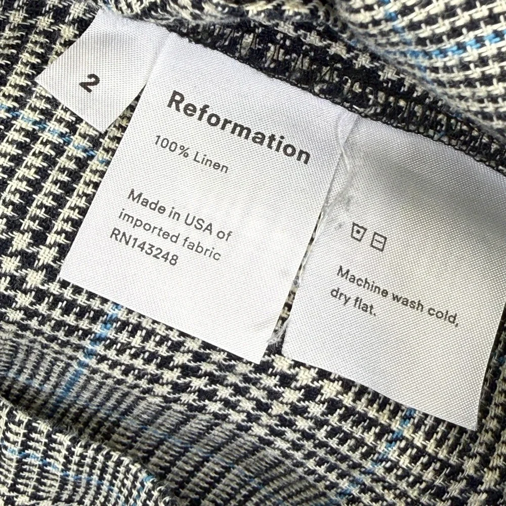 Reformation 100% Linen Wide Leg Plaid Pants‎ Black White Blue Size 2 High Rise
